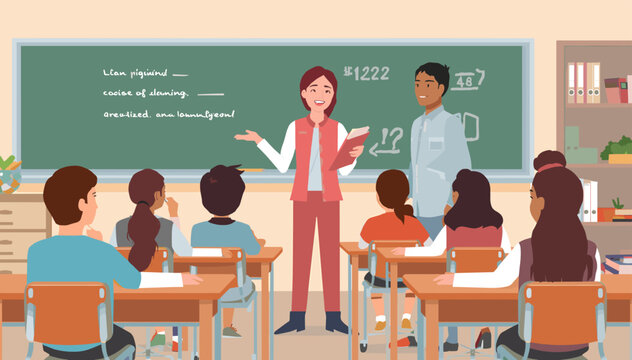 A diverse group of students in a classroom setting with a teacher and a male student at the front presenting to the class.