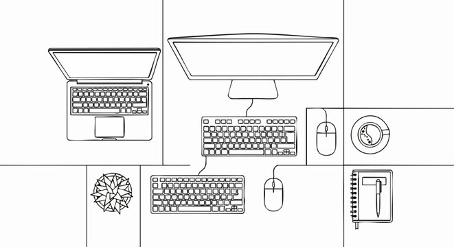 Top down view of a modern computer workspace with desk accessories.
