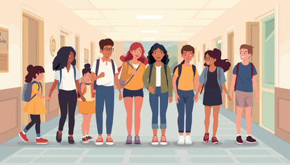 Obraz premium A diverse group of happy students of different ages and ethnicities standing together in a school hallway with backpacks.