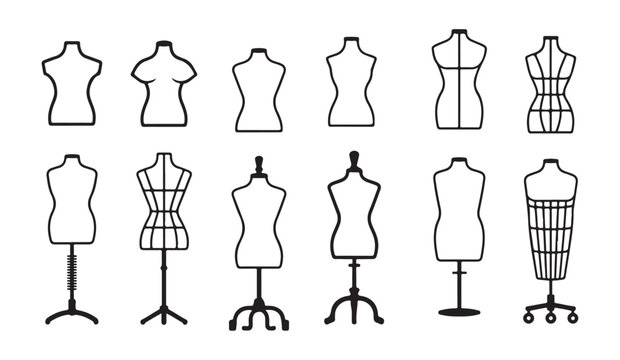 Assorted professional tailor mannequins and dress forms icons in linear vector graphic.