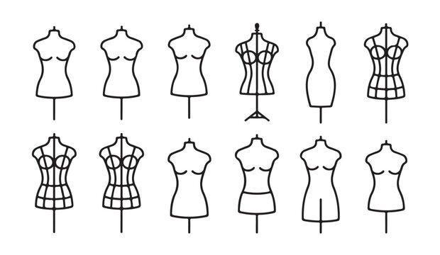 Set of tailor mannequin icons featuring different styles for fashion design and dressmaking.