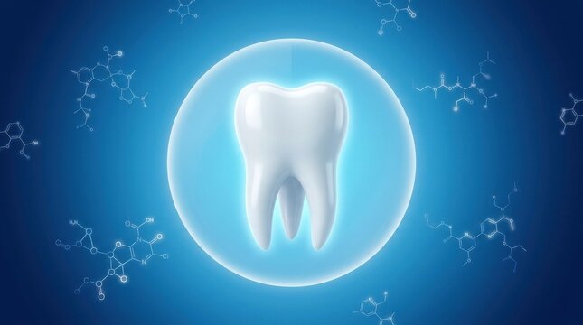 Protected tooth illustration with molecular structures dental health concept