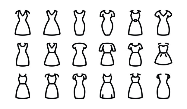 Collection of various dress icons featuring different necklines styles and silhouettes line.