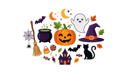 Fototapeta premium Halloween themed elements pumpkin, ghost, witch hat, black cat, cauldron, broom, web, candy, bats, house. Perfect for festive designs.