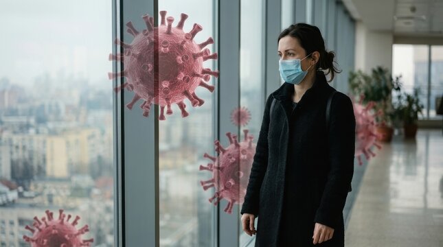 Woman wearing face mask in office with virus graphic overlay
