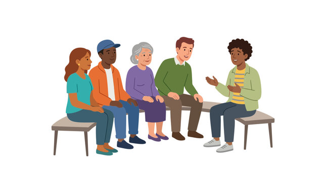 Diverse group of people in casual conversation, sitting on a bench