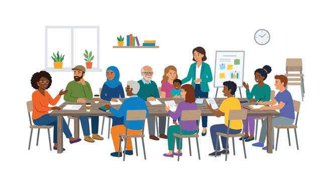 Diverse group of people in a meeting, discussing ideas around a table with a facilitator.