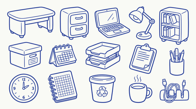 Collection of hand-drawn office supplies and furniture, perfect for business or study themes.