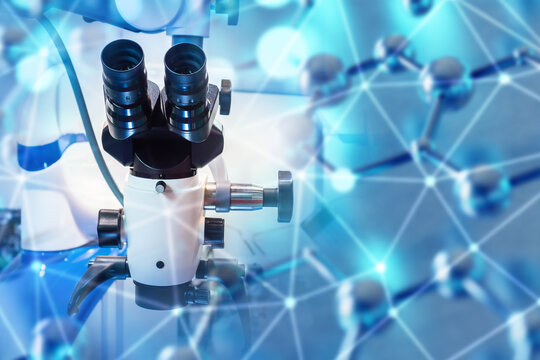 Scientific research, laboratory microscope with molecular structure visualization represents biotechnology and medical science analysis