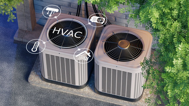 HVAC systems, outdoor air conditioning units installed near building for residential climate control and energy efficient cooling