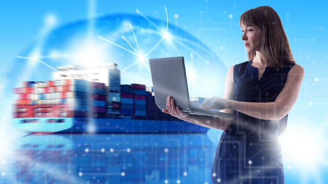 Global logistics, businesswoman uses laptop with cargo ship and digital network interface for international shipping management