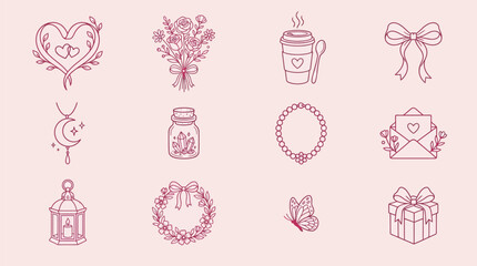 Obraz premium Collection of delicate line art icons for romantic occasions and celebrations.