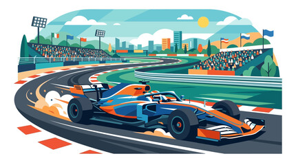 Fast formula racing car track crowd stadium with flags, city buildings, and sky with sun. Suitable for sports events concept design. © H-Studio