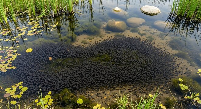 Garden pond with koi fish and lily pads.