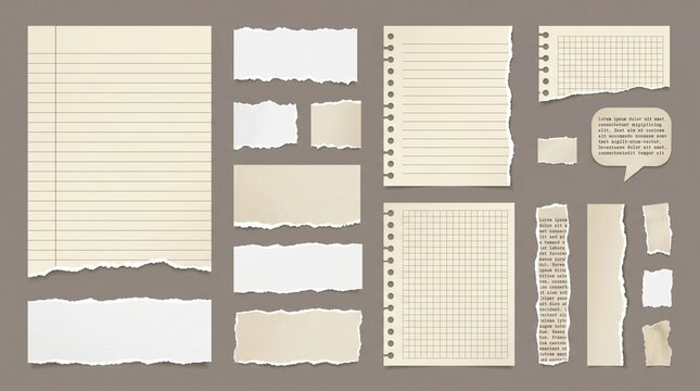 A collection of realistic torn paper scraps, notebook pages, and grid sheets with ripped edges on a gray background, perfect for scrapbooking, digital journaling, collages, and notes.