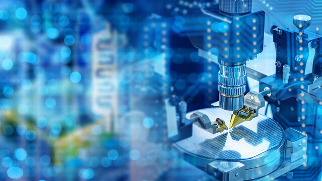 Semiconductor manufacturing engineer operates robotic precision tool inspecting silicon wafer in automated chip production facility with cleanroom technology