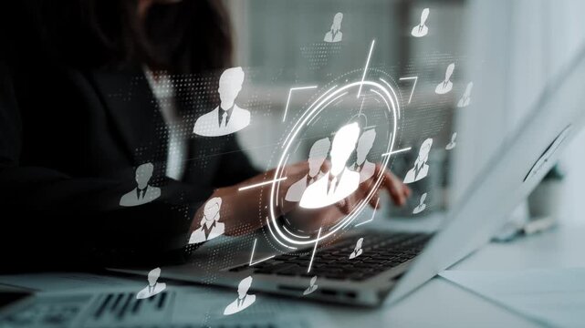 Businessperson Engaging with Digital Network and Virtual Team Representation on Laptop Screen in Modern Office Setting Sigmoid