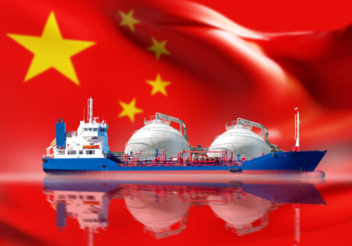 Liquefied natural gas shipping operations transport LNG tanker vessel at sea with Chinese flag background representing global energy trade and maritime logistics