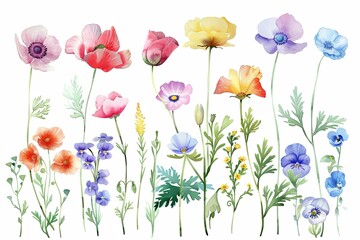 Fototapeta premium Soft floral illustration with colorful flowers and leaves on white. Gentle tones suit nursery wall art and decor.