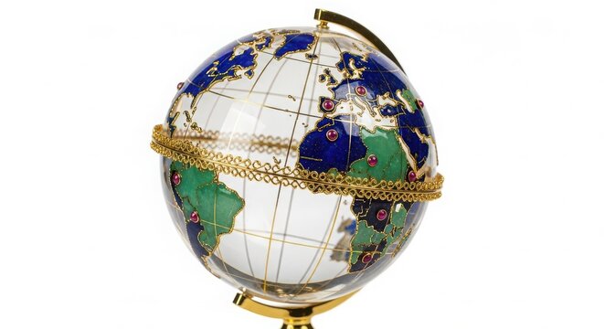 Decorative gemstone globe showing world map on gold stand with gemstone geography decorative education colorful navigation continental business international ornament collectible