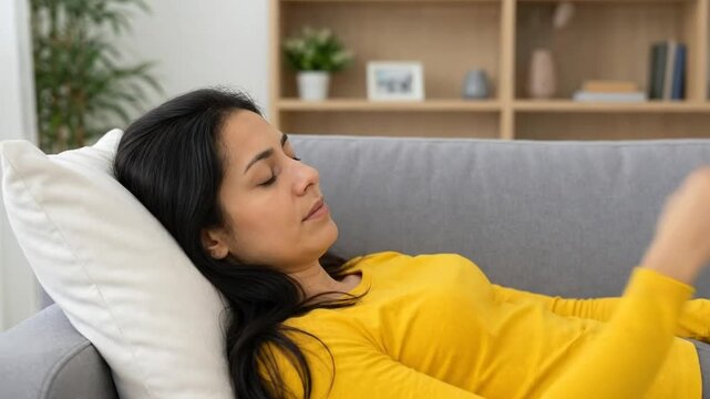 Tired Young Woman Lying on Sofa Having Sinus Pain or Migraine