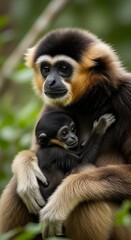 Fototapeta premium Close up of gibbon mother tenderly embracing her small baby in natural forest habitat