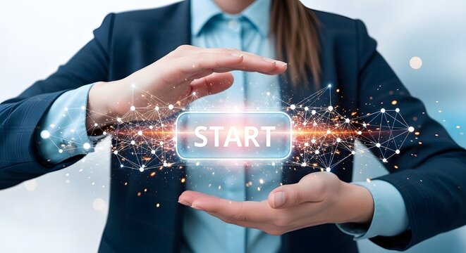 Business start up concept woman holding digital 'start' network connection