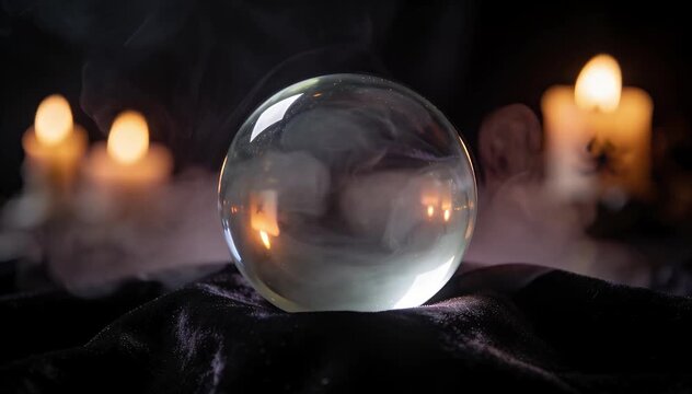Horror background crystal ball candle smoke mystery magic divination fortune, dark mystical room with glass sphere black velvet, candle flame and drifting smoke, occult ritual scene for fortune