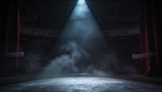 Dark empty theater stage spotlight with drifting smoke and fog, red curtain, dramatic lighting, horror background with dust for drama performance poster and cinematic spotlight stage scene