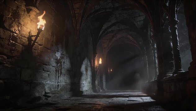 Horror background dark corridor in stone tunnel with gothic arch, torch light on wet walls, damp dungeon atmosphere, misty smoky air and shadowy underground passage for cinematic fantasy game mood
