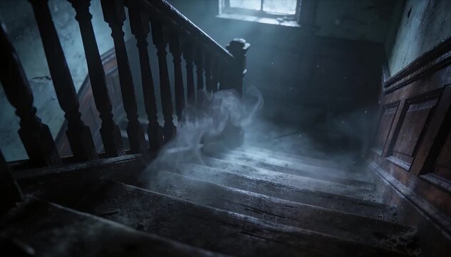 Horror background haunted staircase abandoned house dark interior with mist and dust, creepy old wood window light, eerie atmosphere, cinematic spooky corridor and shadowy wooden stairway with foggy