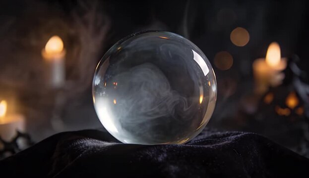 Crystal ball with smoke and candle dark mystery occult horror background, fortune telling divination scene, glass sphere velvet cloth, swirling mist, moody candlelight bokeh, Halloween still life