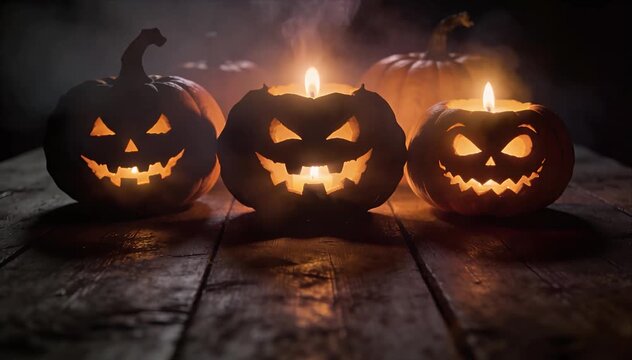 Halloween pumpkin carved jack o lantern trio with candle on rustic wooden table, autumn night fog and smoke haze, spooky horror dark background for Halloween party decoration and warm light