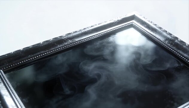Black mirror smoke horror dark reflection frame background vintage spooky eerie closeup with swirling smoke over reflective glass empty frame foggy smoky glass light horror background for mystery