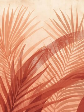 Boho interior wall art decor, Tropical boho abstraction, stylized palm leaves in terracotta and muted coral, minimalist summer aesthetic backdrop for lifestyle branding and home staging projects