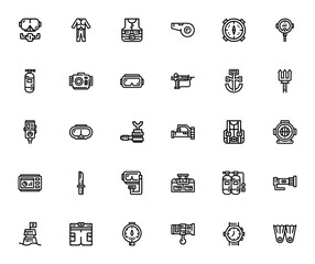Diving icon set. Underwater equipment vector icons pack. Minimal line icons. Includes snorkel, wetsuit, lifejacket, compass, oxygen, goggles, harpoon, anchor, flashlight, aqualung, gps, knife, buoy, f © wang
