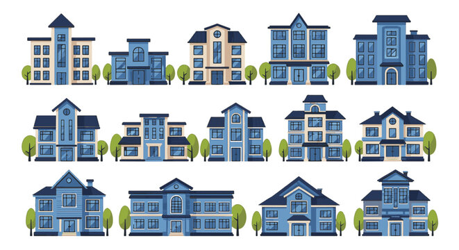 Flat vector illustration of 14 modern residential houses and apartment buildings in blue and beige color palette, featuring clean geometric architecture and small green trees on white.