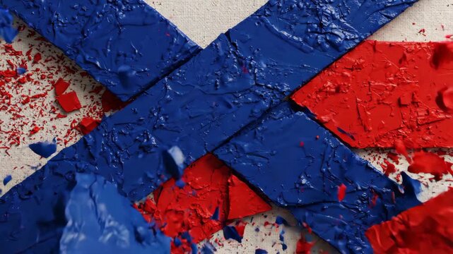 Abstract blue and red paint texture with dynamic brushstroke splatter canvas, geometric minimal modern art featuring blue block, red block, square contrast, creative textured design, colorful