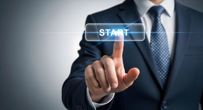 Business start up concept man pressing start button new venture launch