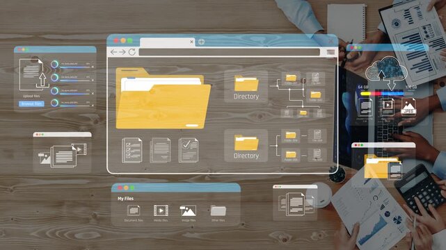 Digital data management concept depicting file directories and cloud storage analysis with interactive elements on a wooden desk for modern workspace settings Sigmoid