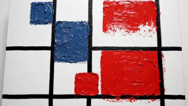Abstract geometric painting with red and blue square and rectangle shapes, black line accents white background, modern textured canvas art, creative expression, closeup detail, vibrant color