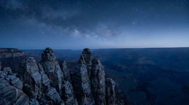 Milky Way galaxy over Grand Canyon rock formations at night