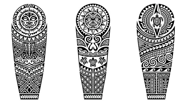 Tribal Tattoo Designs: Polynesian Arm Sleeves with Sun, Turtle, and Geometric Patterns