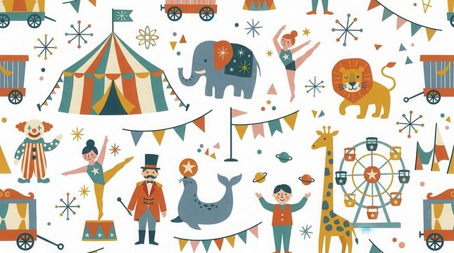 Vibrant pattern of circus characters, exotic animals, a big top, and fun fairground attractions