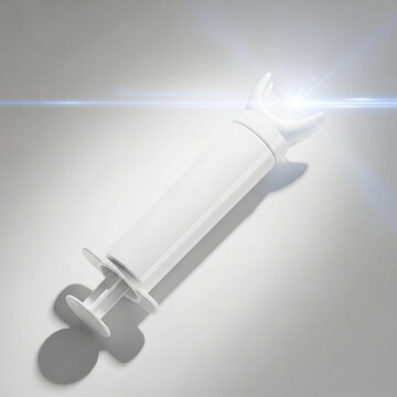 A mockup of a skincare product syringe is shown on a clean surface with a light shining on it, highlighting the product's details in a bright environment from a close viewpoint.