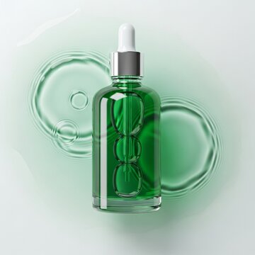 A green glass skincare product mockup bottle with a dropper and liquid serum on a clean surface for testing
