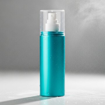 A mockup of a skincare product bottle with a white pump and clear cap sits on a surface with mist around it.