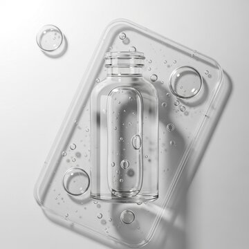 A clear glass skincare product bottle mockup sits on a transparent tray surrounded by water droplets on a white surface viewed from above.