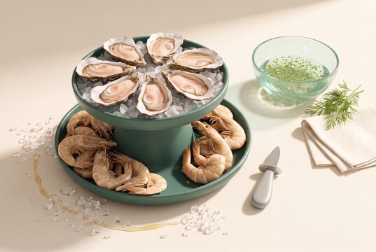 Fresh oysters and jumbo shrimp on tiered teal stand with mignonette sauce