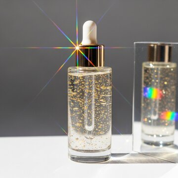 A mockup of a shiny skincare product bottle with glitter and a dropper on a white table with another bottle in a box showcasing the product.